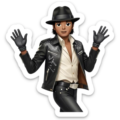 Icon for R&B Music: Michael Jackson in his signature black fedora, sparkling glove, and leather jacket, striking his famous moonwalk pose. Musical notes float around him, symbolizing the soulful and rhythmic essence of R&B. Transparent background. sticker
