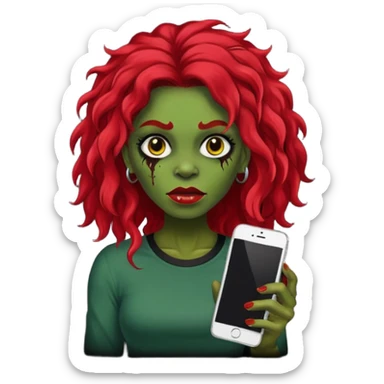 Faça me um emoji de um zumbi mulher de cabelos vermelho escuro longos ondulado usando uma blusa preta, faça no estilo iphone, o tom de pele dela tem que ser verde  sticker
