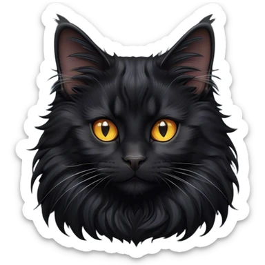 Cinematic Adorable Fluffy Black Maine Coon Cat Portrait Emoji, Head tilted playfully and inquisitively, sleek jet-black fur with a soft, velvety texture, Simplified yet charming features, highly detailed, glowing with a warm, mysterious glow, high shine, curious and affectionate, stylized with a touch of whimsy, bright and alert, soft glowing outline, capturing the essence of a mischievous yet loving kitten, so endearing it feels like it could pounce out of the screen with its fluffy tail swishing gracefully! sticker