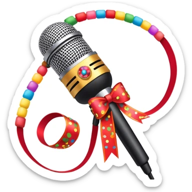 Create a vibrant and dynamic emoji that represents pop vocal performance without people. The design should feature a close-up of a classic stage microphone (retro-style) with a lanyard, set against a stage background. Add concert lighting, a celebratory salute of confetti or fireworks in the background, and musical notes forming a ribbon, symbolizing the performance and creativity of pop vocals. Include subtle elements like a formal stage costume to emphasize the professional aspect. Use bright, bold colors like gold, red, and neon to reflect the energetic and glamorous nature of pop vocal performance. The background should be transparent. sticker