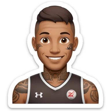 man with face tattoos, smiling, wearing a sports jersey sticker