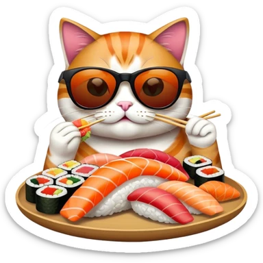 cool cat wearing sunglasses eating a big pile of colorful sushi pieces, stylish cat enjoying sushi sticker