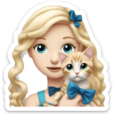 pale blonde girl with long rosy blonde hair with blue eyes and wearing a black bow holding a calico kitten sticker