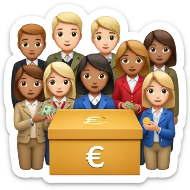 A box of money 💶  A euro icon €  a lot of Students putting coins into the box everyone wearing difrent clothe sticker