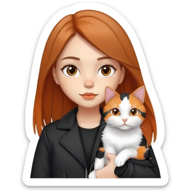 Light-skinned girl with brown straight hair wearing a black jacket, holding one pure white cat and one calico cat with orange black patches sticker