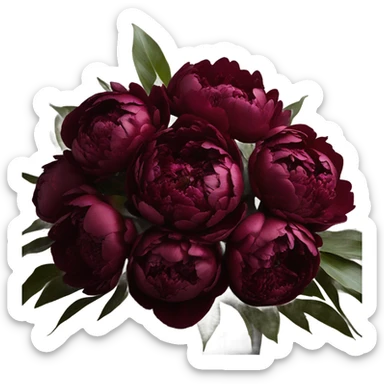 A vintage arrangement of dark red peonies with a deep burgundy bow
 sticker