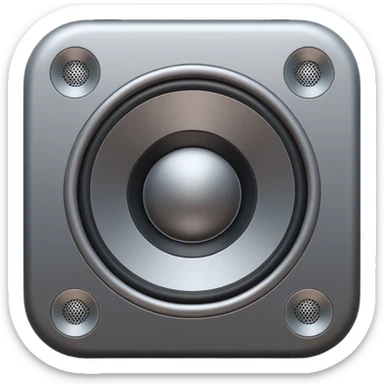 Minimal emoji icon of a modern metallic speaker, front view, detailed geometry, dark metallic body, subtle highlights, isolated sticker