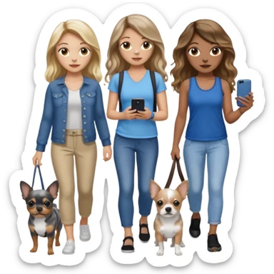 Three women in summer clothes holding iPhone, hazel eyed light skin with dark blonde long hair and light skin hazel eyed brown long wavy hair, blue eyed light skin long blonde hair walking 2 dogs,blue and gray spotted Merle Frenchie, black and tan chihuahua  sticker
