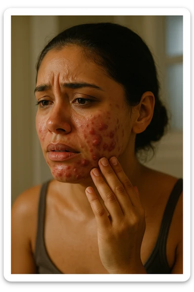 A highly realistic, cinematic portrait of a young woman in her late 20s with medium skin tone, showing visibly inflamed, deep cystic acne along her jawline, cheeks, and chin. Her skin appears red and irritated around the acne nodules, with noticeable swelling and tenderness, illustrating the painful nature of cystic acne linked to PCOS. Her facial expression shows discomfort and emotional distress, with slightly teary eyes as she gently touches an inflamed area on her jawline with her fingertips. Her hair is pulled back to clearly show the acne areas, and her skin has a slightly oily texture due to androgen-related sebum overproduction. The environment is a softly lit bathroom with neutral daylight, emphasizing the skin texture, redness, and deep acne. The style is realistic, 35mm cinematic photography with warm, neutral tones, soft shadows, and clear skin detail, providing a compassionate yet direct visualization of PCOS-related cystic acne sticker