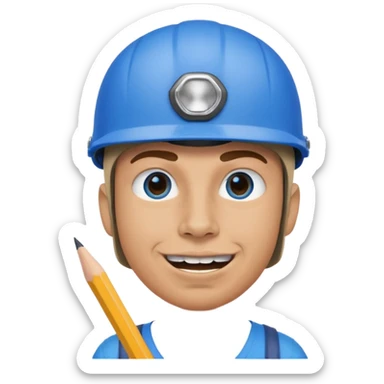 A round head puppet with 2 buck teeth a blue bike helmet and a round nose with a pencil in it also he has a unibrow and blue eyes sticker
