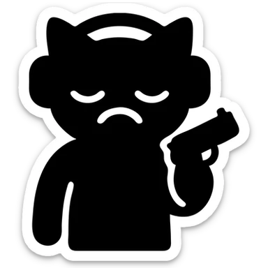 tired sad cat with a gun in hand and headphones, solid filled icon sticker