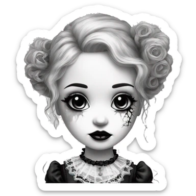 porcelain doll with a cracked face, goth makeup, long hair, lace and ruffles, lolita style, inked, black and white sticker
