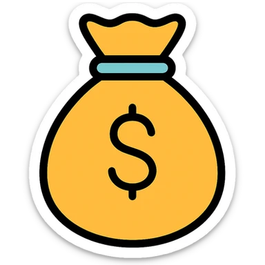 money bag icon, color outline style, cartoonish, with a dollar sign, white background sticker