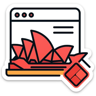 Sydney Opera House with digital page elements, tech-inspired, red and white, Microsoft Power Pages branding icon sticker