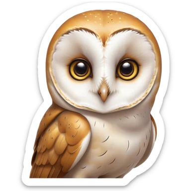 Cinematic Cute Barn Owl Portrait Emoji, Head tilted playfully and inquisitively, featuring a softly mottled Fur of white and brown with delicate feather patterns, round, sparkling amber eyes filled with curious wonder, Simplified yet irresistibly adorable features, highly detailed, glowing with a warm, friendly glow, high shine, affectionate and gentle, stylized with a touch of barnyard whimsy, bright and endearing, soft glowing outline, capturing the essence of a mischievous yet loving owl, so playful it feels like it could swoop out of the screen and into your arms! sticker
