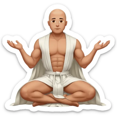 fullbody jacked bald guy, sleeveless and unbuttoned in full white robe sitting without chair and hands down sticker