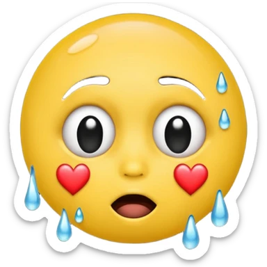 Yellow face emoji with black ball gag in mouth, sweating down face and hearts in eyes sticker