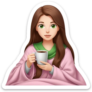 A pretty white girl with very long brown hair and green eyes in a light pink blanket sipping coffee sticker