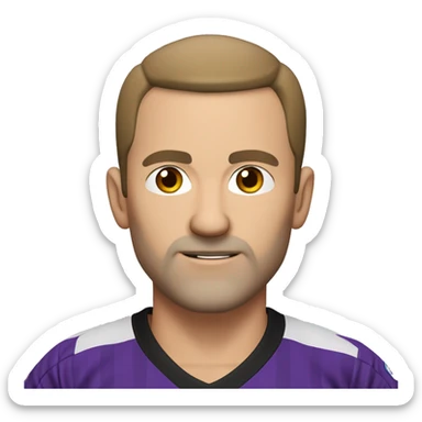 white 45-year-old man, slightly round face. very short hairs, almost shaved, a small central crest. hairline is slightly receding, sparse hair around the temples. brown eyes unshaven, small stubble beard. black and purple soccer jersey.  sticker
