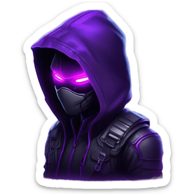 Hacker behind his laptop with this style : crysis Cyberpunk Valorant neon glowing bright purple character purple violet black hooded assassin themed character sticker