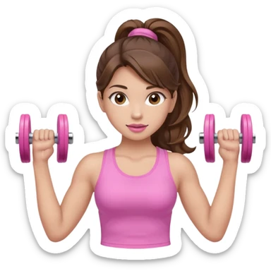 girl with wavy long ponytail brown hair, brown eyes, light to medium complexion, long lashes, light pink lipstick, wearing light pink shirt, lifting pink dumbbells in a sports top sticker