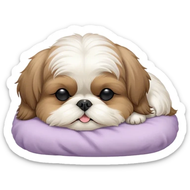 Meme-Worthy Cute Sleeping Shih Tzu Portrait Emoji, Head resting peacefully with a tender, contented smile and eyes delicately closed in serene slumber, showcasing a luxuriously fluffy fur in soft pastel tones, simplified yet irresistibly adorable, highly detailed, glowing with a warm, drowsy radiance, high shine, exuding calm, cozy charm, styled with a gentle, soft glowing outline, capturing the essence of a sleeping Shih Tzu that radiates utterly adorable, sleepy bliss! sticker