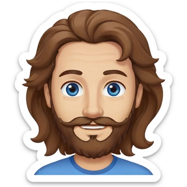 Lebanese man with one blue eye and one brown eye, light beard, kind smile, blue shirt, brown longish wavy hair sticker