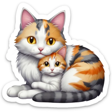grey and white cat cuddling a colourful light patched calico + white tabby cat sticker