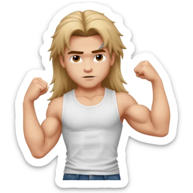 generate a pretty bratz boy with messy long mullet hair, sleeveless white tshirt, big biceps sticker