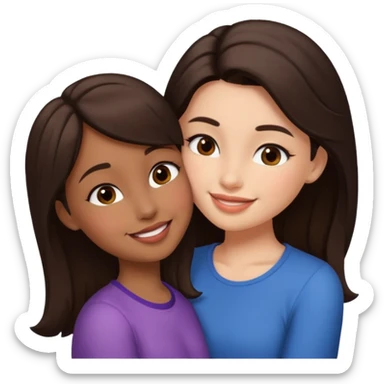 A girl kisses her friend The girls' hair color is dark brown.  sticker
