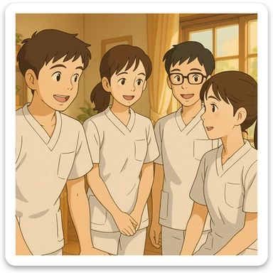 Quatre étudiants infirmiers, style Ghibli, en interaction dans un environnement intérieur. Uniformes blancs à manches courtes, tuniques col en V, poche poitrine à gauche, avant-bras nus, pas de pied de col ni stéthoscopes, cheveux longs attachés pour celles qui en ont. Visages inspirés des quatre photos jointes. sticker