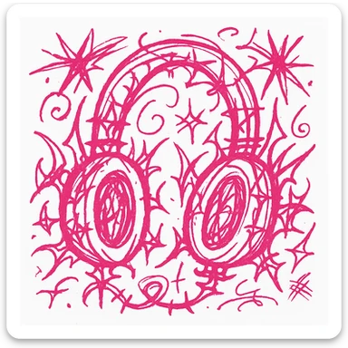 pink gothic headphones with wild gothic shapes and expressive lines, chaotic doodle style sticker