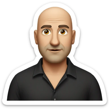 A slightly overweight middle-aged Italian man with olive-toned skin with bald hair and no facial hair. He is wearing a sleek black smart shirt, casually unbuttoned at the top. sticker