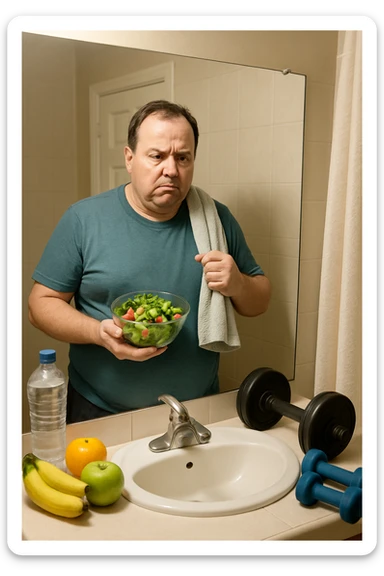 a middle-aged man stands in front of a bathroom mirror, looking at his reflection with a puzzled and slightly frustrated expression. He holds a salad bowl in one hand and a gym towel in the other, surrounded by healthy food and workout gear, yet his body remains overweight. The background is a typical home bathroom, softly lit, emphasizing confusion and self-reflection. sticker