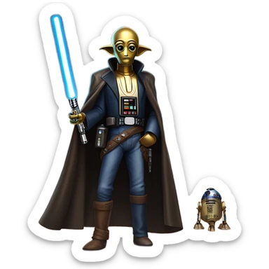 jedi first order human-sized darkblue-pearl friendly bounty hunter c3po droid wearing a leather wild west duster coat holding light saber ready to fight but relaxed. antiqued sticker