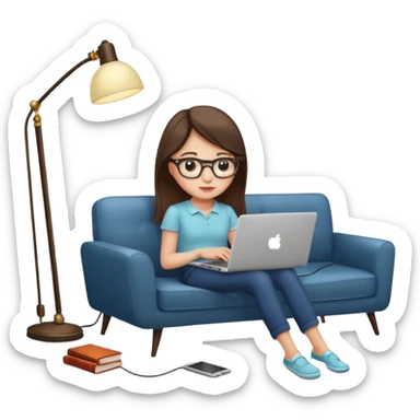 A girl is working with a laptop while lying on a sofa, with a floor lamp to the right. sticker