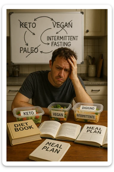 Confused man in his 30s sitting at a kitchen table cluttered with various diet books, meal plans, and food containers labeled keto, vegan, paleo, DIGIUNO INTERMITTENTE. He holds his head with one hand, looking overwhelmed and frustrated. The background shows a whiteboard full of crossed-out diet names and arrows going in circles. Expression: mental fatigue, indecision, information overload. Soft lighting, slight mess to emphasize his struggle. sticker