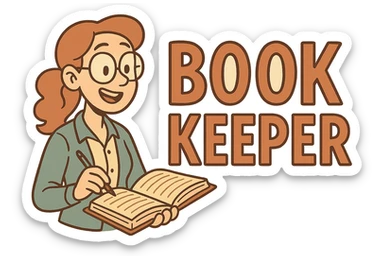 the word BOOKKEEPER in a clear and creative western adult animation cartoon style, suitable for a logo or icon sticker
