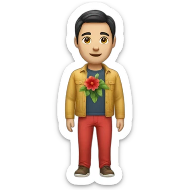 white man with dark hairs with a flower shirt and a red pant sticker