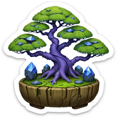 Cracked Futuristic wild glowing space alien moss maples shohin Bonsai hair-pine-leaf group multi faceted intricate hobbit-inspired boxwood purple blue informal rocky cliffhanger eight trees forest planting in shallow willow slab style pot with big animal-like feet  sticker