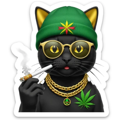A black cat wearing the deal with it shades and a rasta beanie and smoking a joint and wearing a gold chain that says 420 and the words High Time at the top of the image sticker