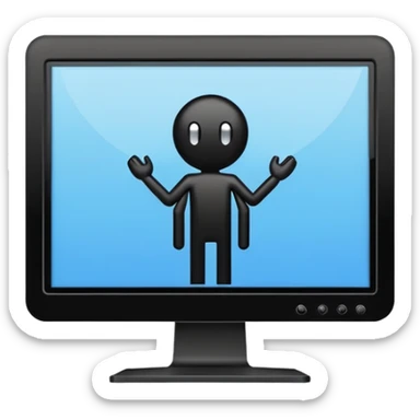 Minimalistic flat vector icon, iOS style, thin black contour on white background. Computer monitor showing a simple stickman character inside a game world. Clean, no text, no shadows sticker