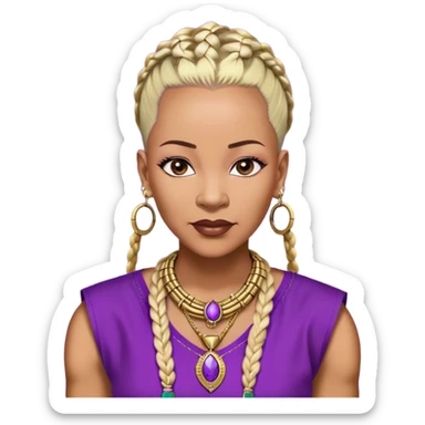 African american 57yr old , chocolate brown  woman who is 5ft 6in with a blonde and black mohawk of individual braids, with low shaved side haircut,
wearing a purple,  dashiki, with an gold  necklace of Draya inscribed,  wearing big gold bamboo earrings in ears with the name engraved of Draya sticker