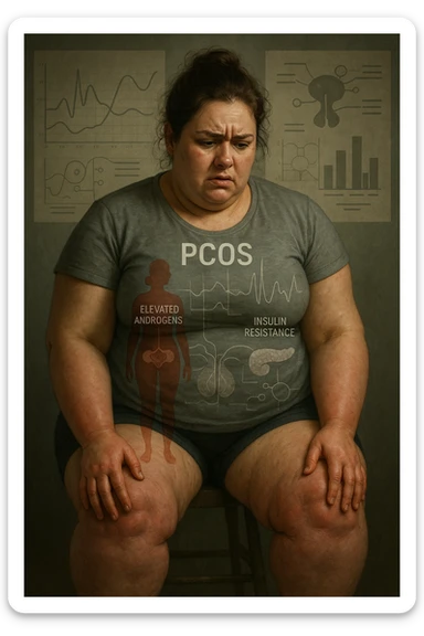 cinematic realistic in italiano Woman with PCOS struggling with hormonal chaos, transparent overlay showing elevated androgens and insulin resistance affecting her body, lipedema causing disproportionate fat accumulation in legs and arms despite normal torso, expression of frustration with unexplained weight gain, medical charts showing complex endocrine dysfunction, painful swollen limbs contrasting with metabolic confusion scrivi in italiano sticker