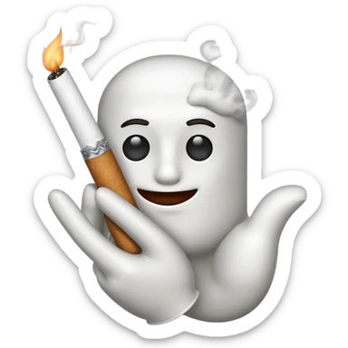 Apple emoji style cartoon white glove hand holding a cigarette with two fingers, smoke rising sticker