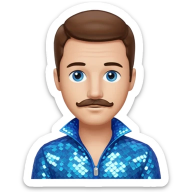 Benson Boone (b.2002), Pop Singer with blue eyes, brown medium hair and thin mustache, icy blue sequin outfit sticker