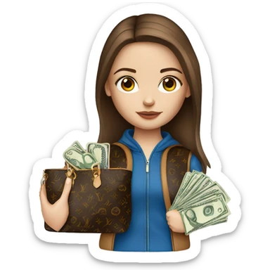 Girl with brown hair and blue eyes wearing louis vuitton bag with money sticker