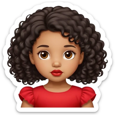 light brown skin tone, very adorable toddler, with big plump lips, long long lashes, black curly hair, middle hair parting, brown eyes, red dress sticker