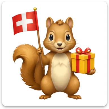 a squirrel holding a yellow gift box in one hand and a Swiss flag in the other, both objects clearly visible, simple white background sticker