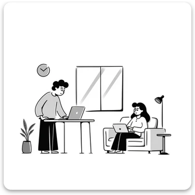 escenary 3d of a cozy mid-century living room with two people working on laptops, one man standing at a desk and one woman sitting on a couch, two walls and floor visible sticker